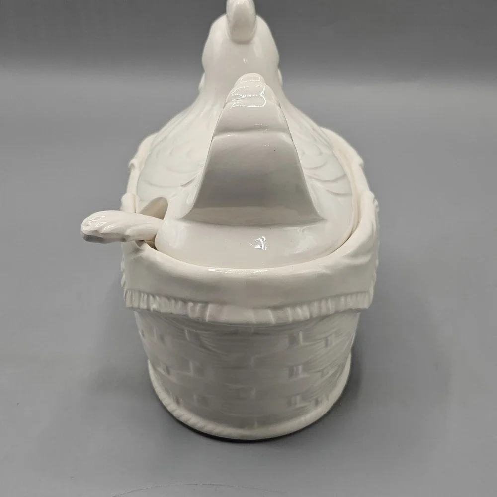 Vintage Ceramic Hen on Nest Covered Gravy Boat Bowl W/ Spoon Cottage Grandmacore